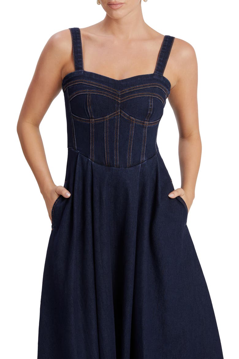 Lilah Corset Denim Midi Dress, Alternate, color, DARK