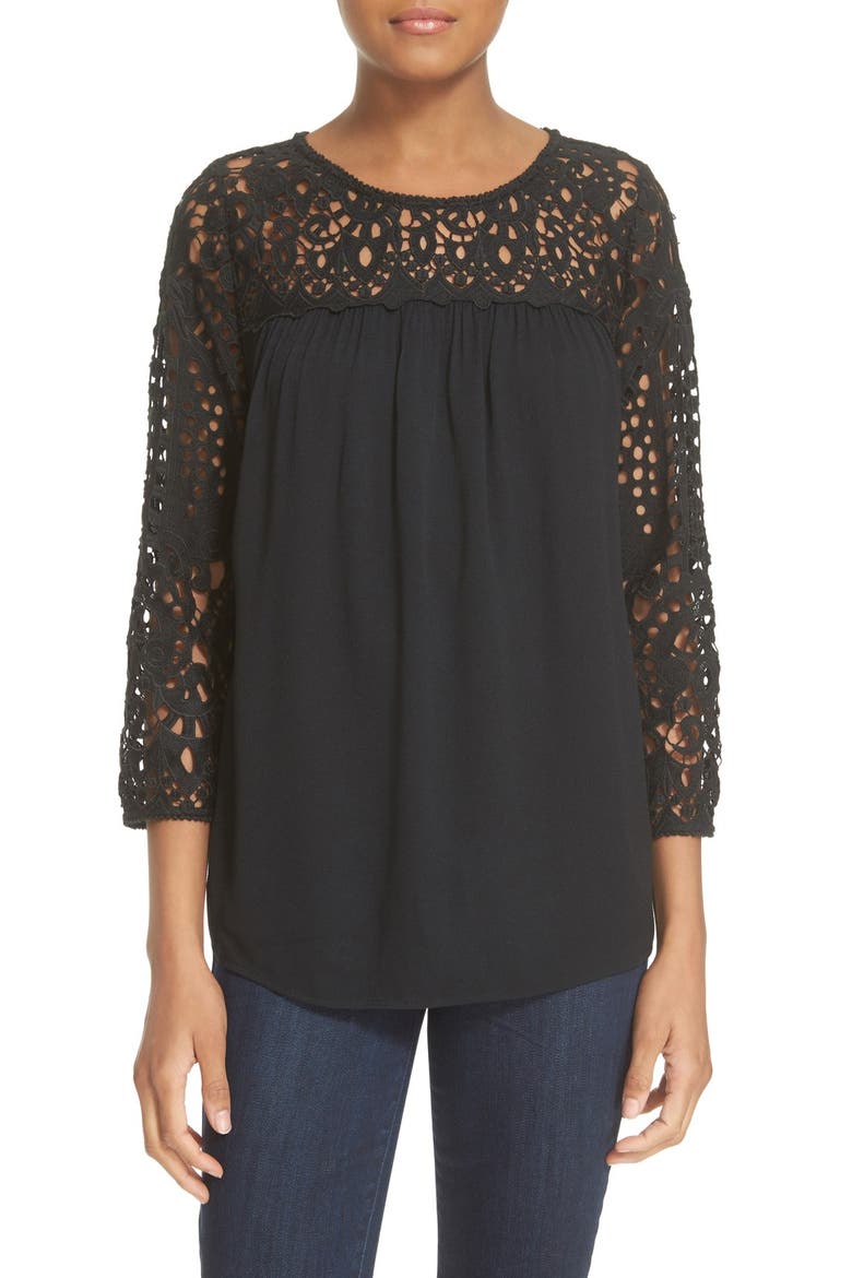 'Lindy' Lace Trim Babydoll Top, Main, color, CAVIAR