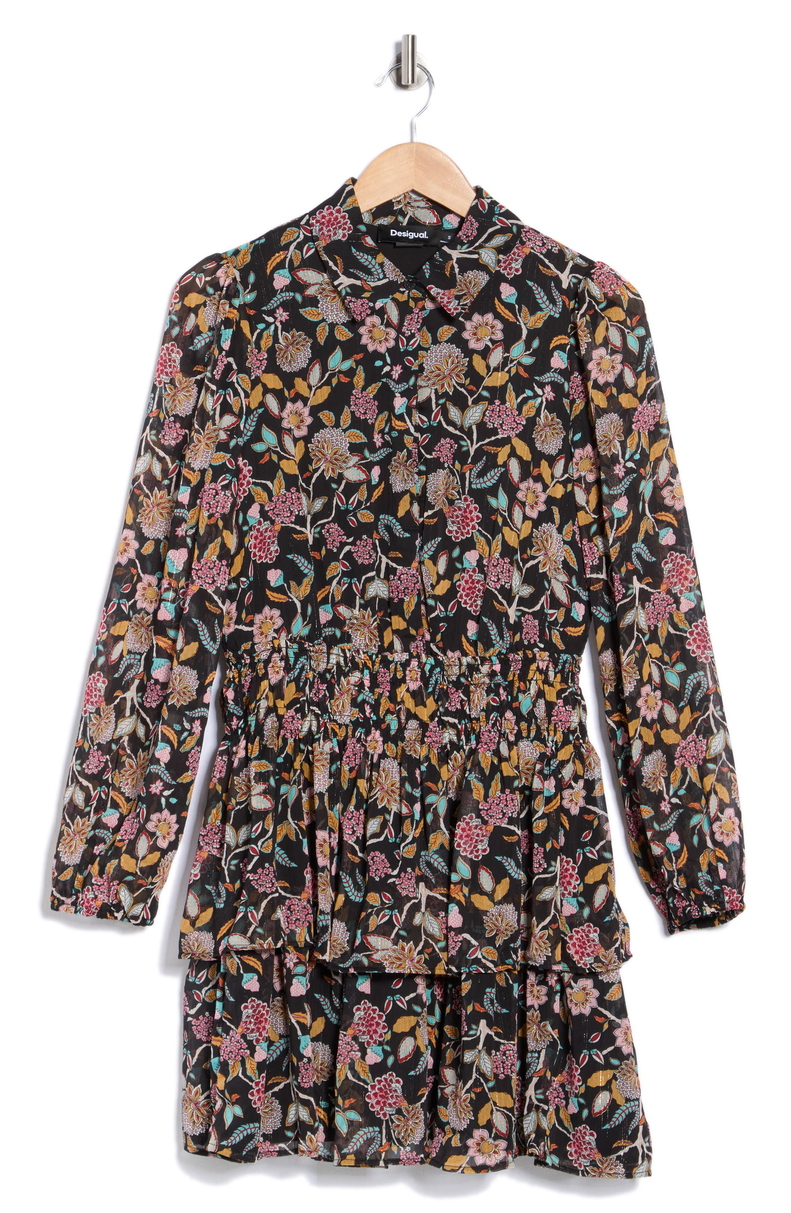 Desigual Floral Long Sleeve Smocked Waist Shirtdress