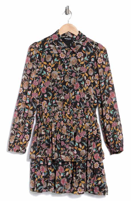 Desigual Floral Long Sleeve Smocked Waist Shirtdress