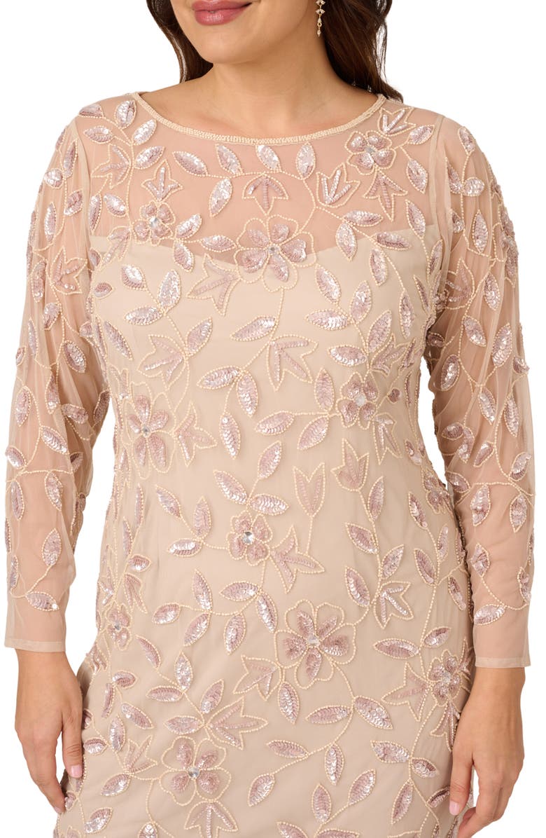 Adrianna Papell Beaded Illusion Long Sleeve Gown, Alternate, color, 