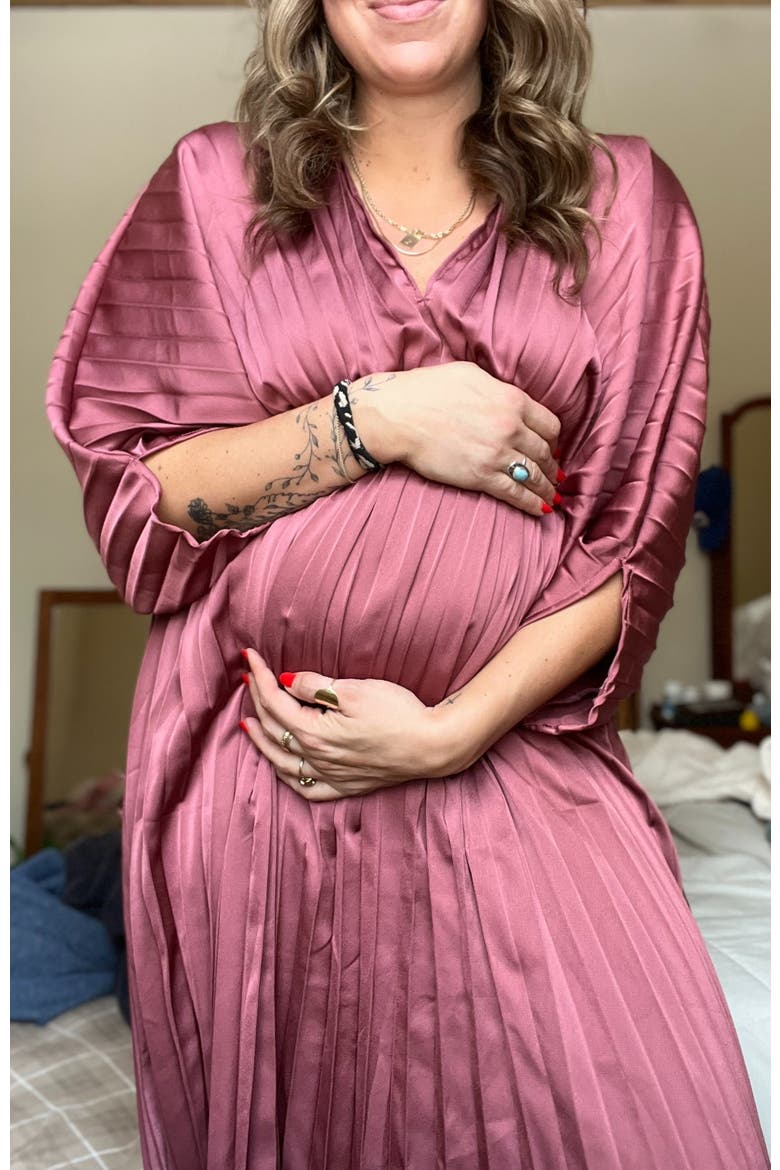 Satin Pleated V-Neck Maxi Dress, Alternate, color, Mauve