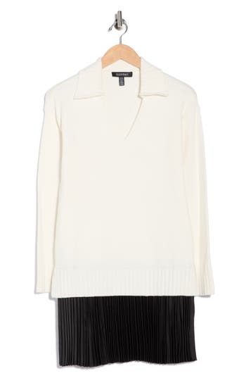 Ellen Tracy Collared Long Sleeve Twofer Sweater Dress In White
