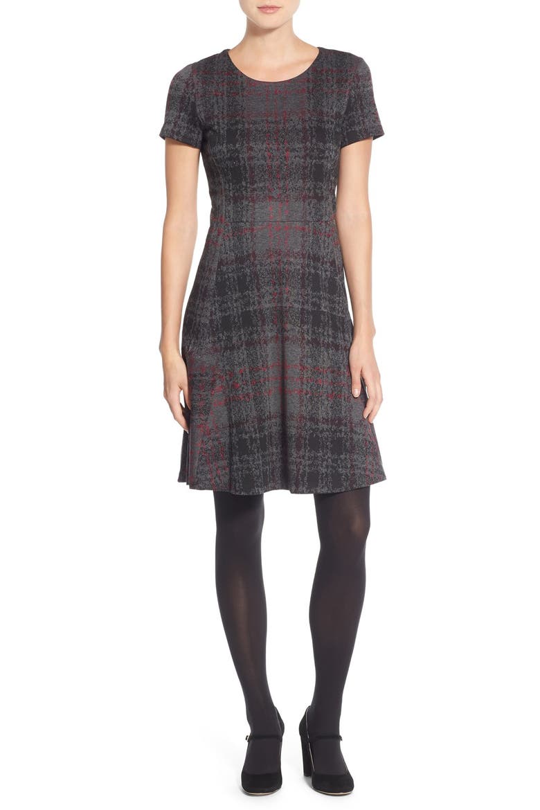 Print Ponte Fit & Flare Dress, Alternate, color, BLACK/ GREY/ PINK