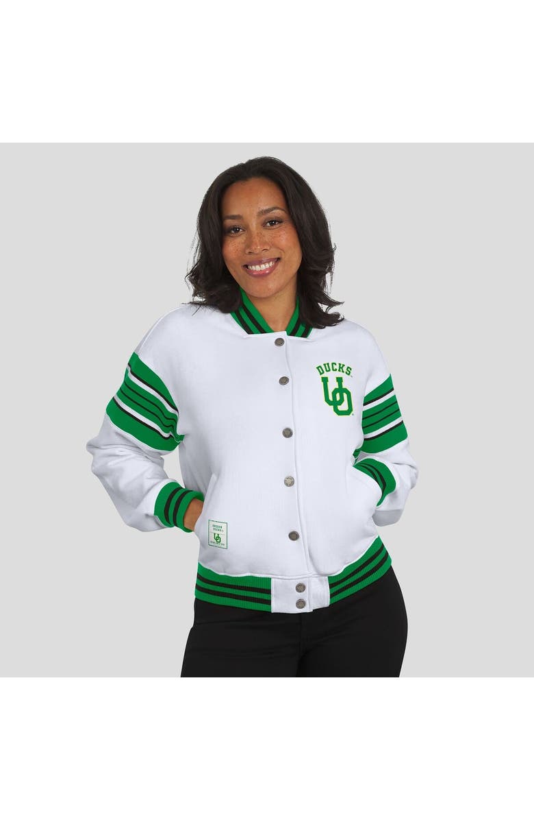 WEAR by Erin Andrews Women's WEAR by Erin Andrews White/Green Oregon Ducks Satin Stitch Full-Snap Fleece Sweatshirt Jacket, Alternate, color, White