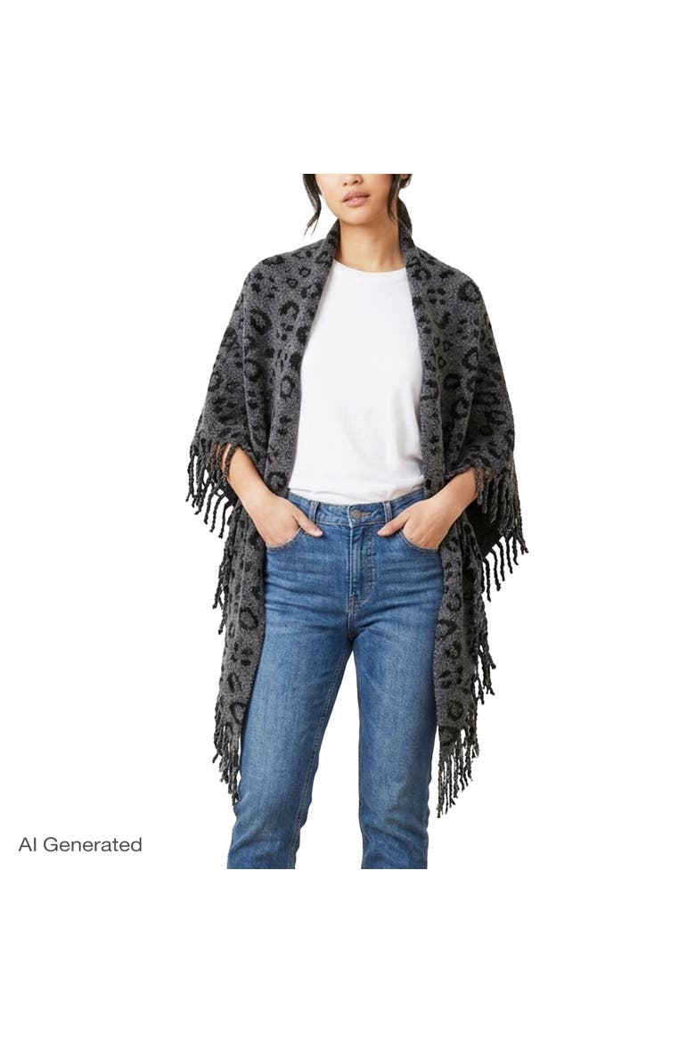 Jacquard Knit Leopard Triangle Scarf with Fringe, Alternate, color, GREY