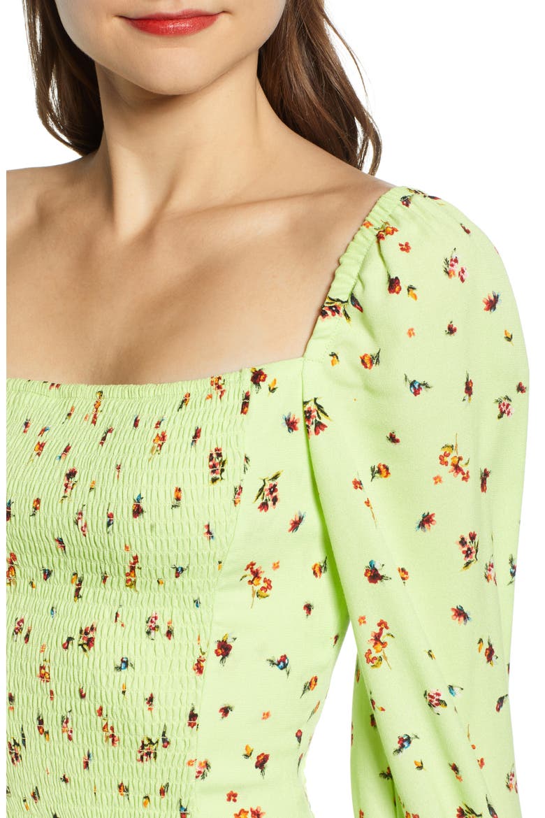Bardot Smocked Square Neck Blouse, Alternate, color, LIMELIGHT DITSY