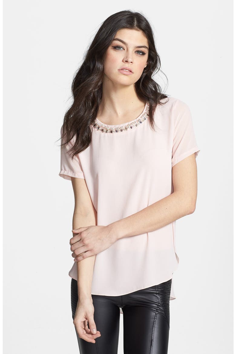 ASTR Embellished Neck Chiffon Tee, Main, color, BLUSH