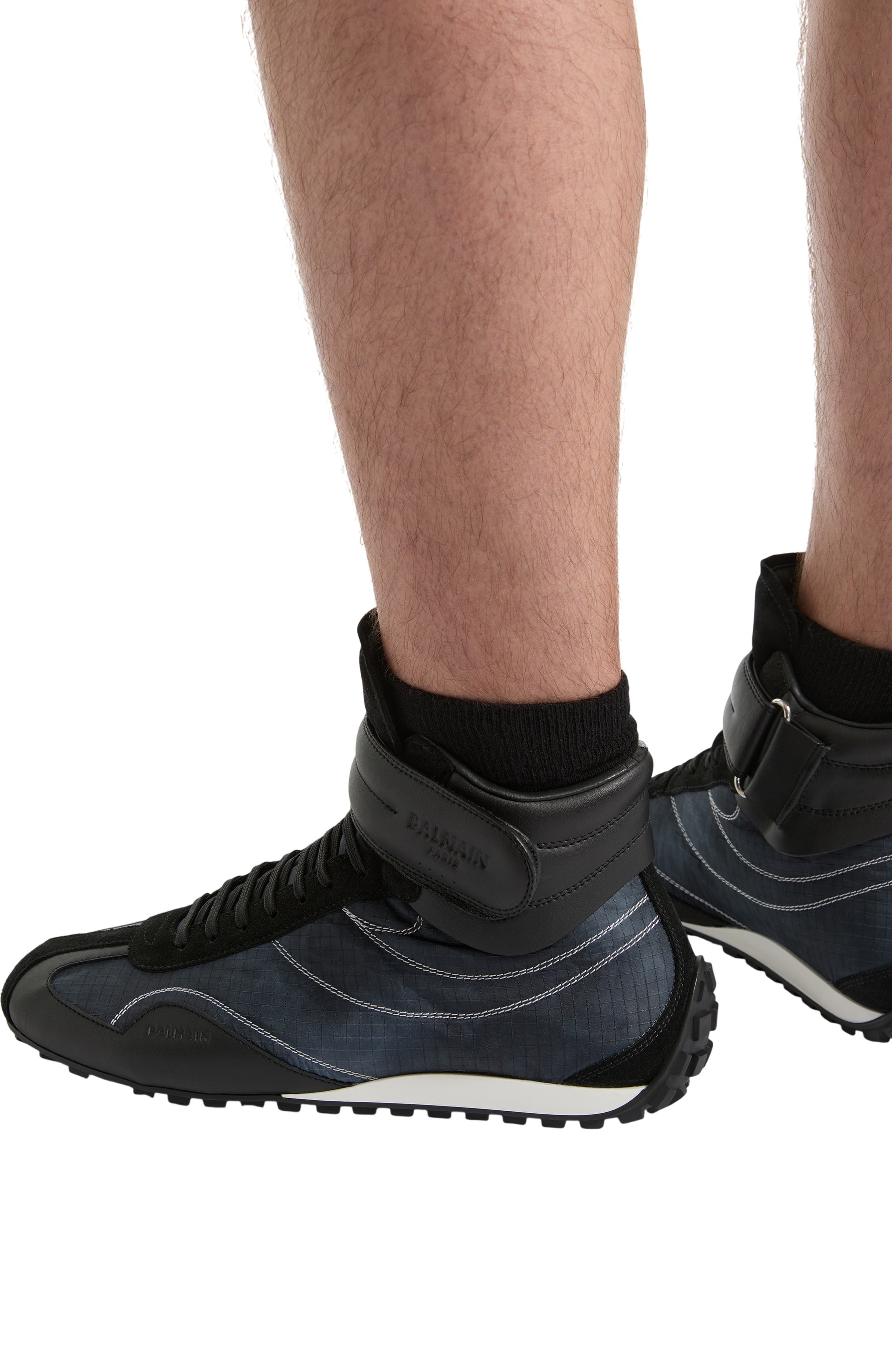 Racing Mid-Top trainers in nylon and leather, Alternate, color, black