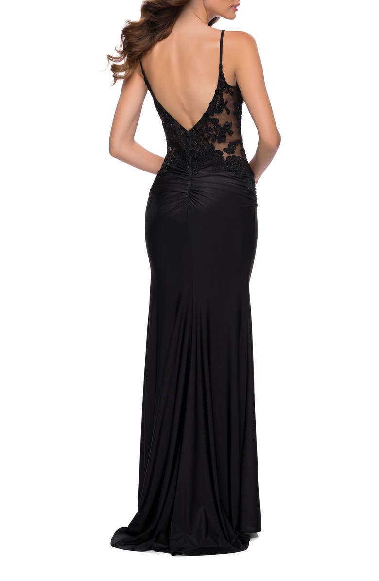 La Femme Jersey Gown with Sheer Lace Bodice and Ruching, Alternate, color, Black