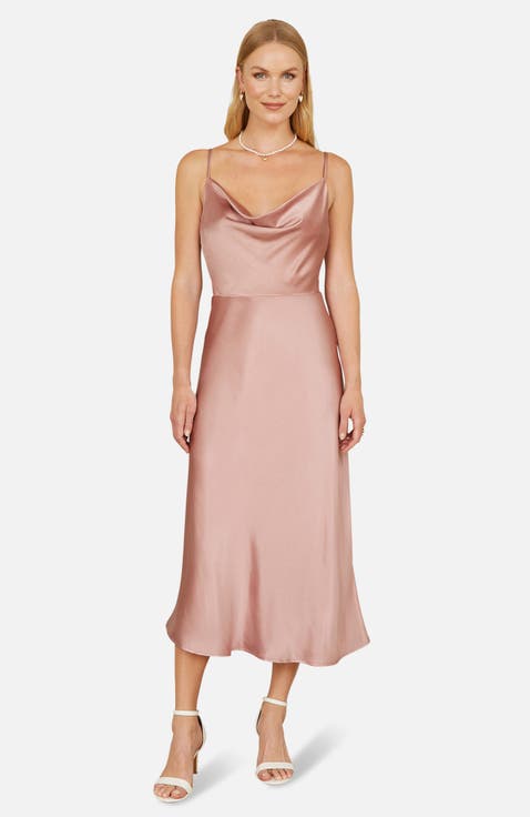 Satin Cowl Neck Midi Dress