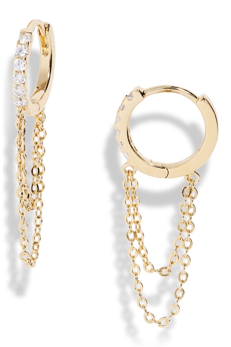 Chain Drop Huggie Hoop Earrings, Main, color, CLEAR- GOLD