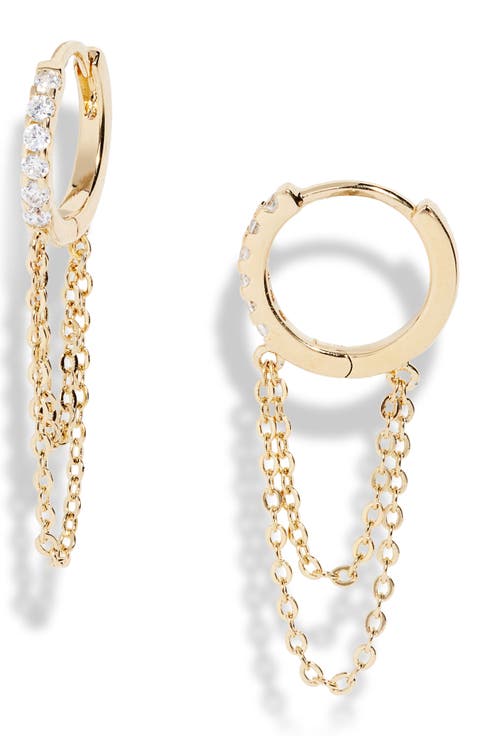 Huggie Hoop Earrings with Chain and Cubic Zirconia Drop Sterling Silver