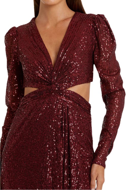 Mac Duggal Sequined Criss Cross Long Sleeve Gown In Wine