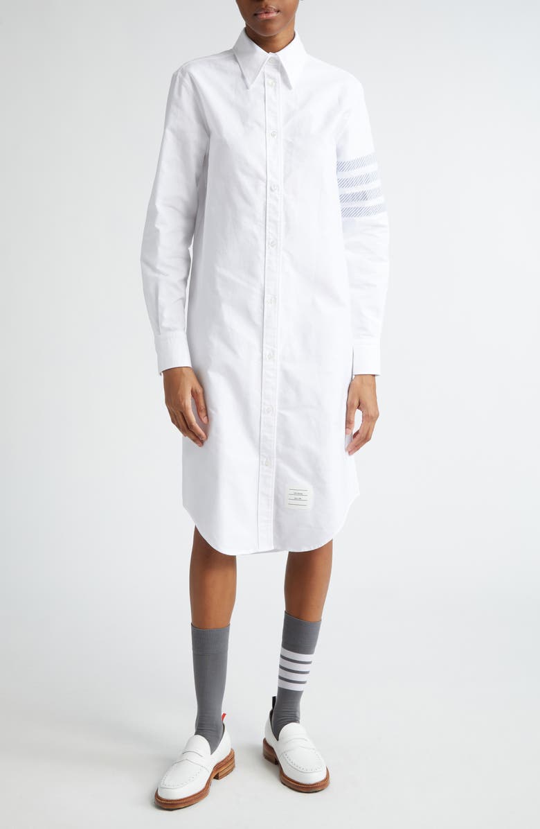 Thom Browne 4-Bar Long Sleeve Cotton Shirtdress, Main, color, White