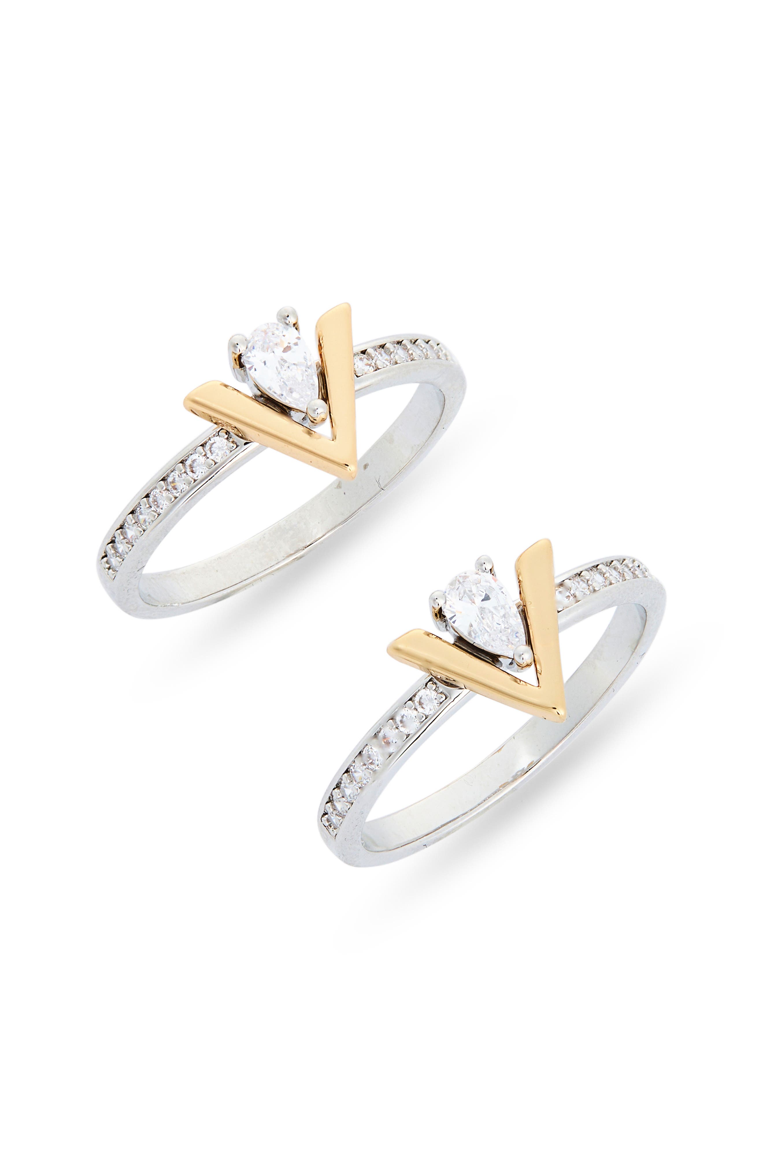 Two Tone Cubic Zirconia V Inset Stacking Rings