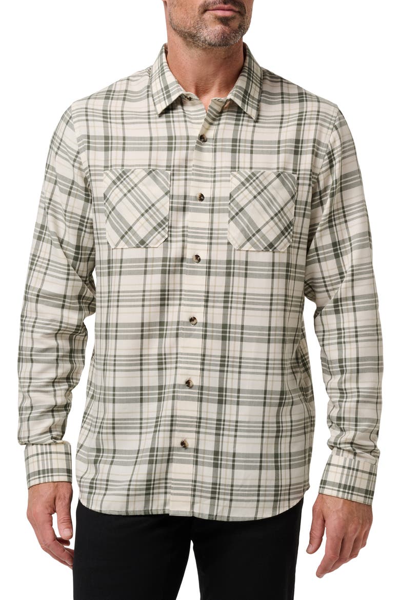 Cloud Plaid Flannel Button-Up Shirt, Main, color, BIRCH