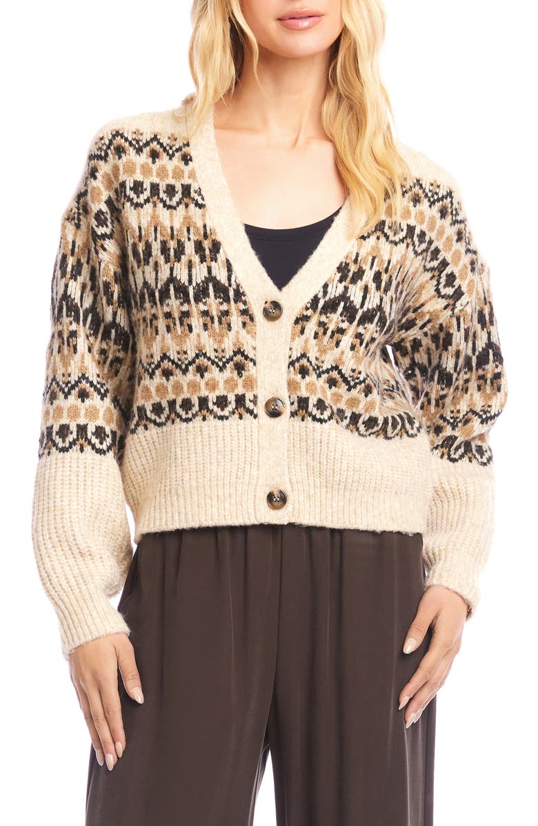 Karen Kane Jacquard V-Neck Cardigan, Main, color, Beige Multi