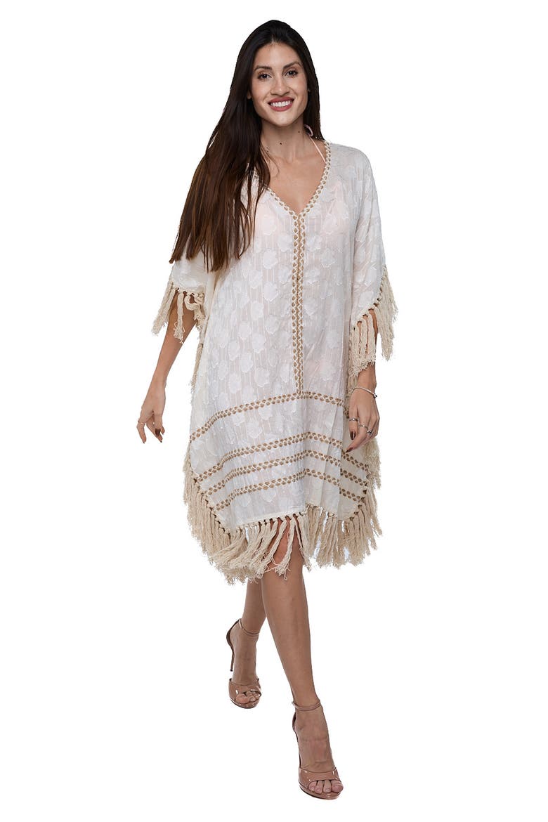 Tassel Trim Floral Jacquard Cotton Caftan, Alternate, color, IVORY