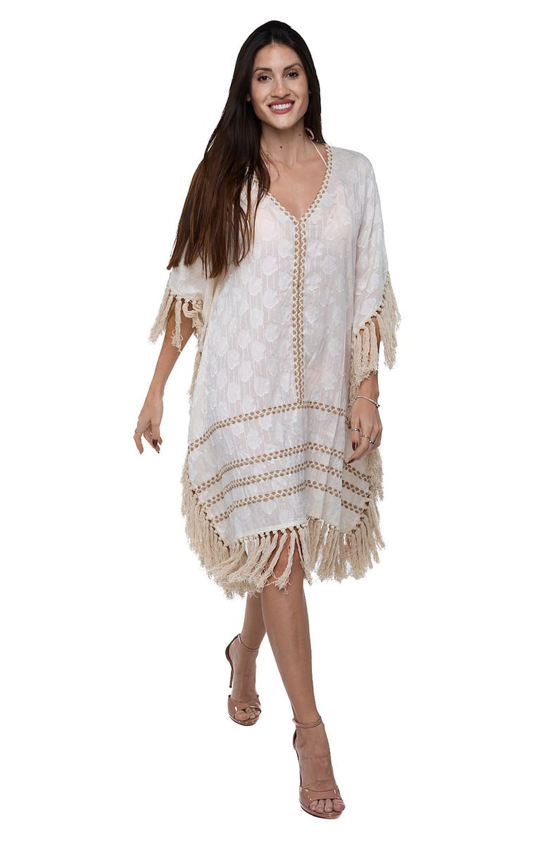 RANEES Tassel Trim Floral Jacquard Cotton Caftan, Alternate, color, Ivory