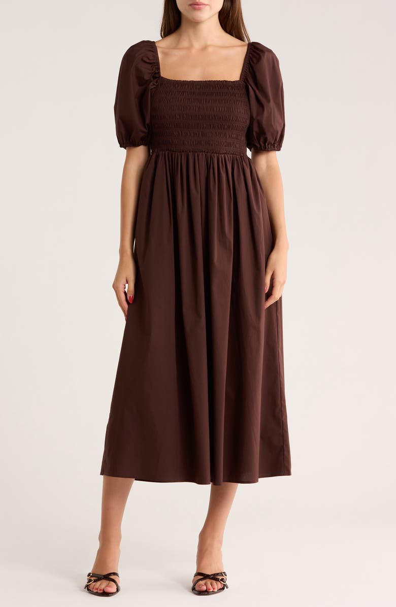 WAYF Puff Sleeve Smocked Midi Dress, Main, color, Espresso