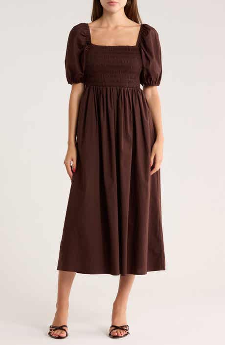 WAYF Puff Sleeve Smocked Midi Dress