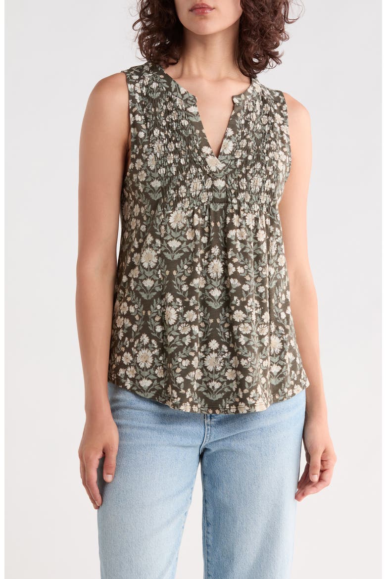 Print Smocked Tank, Main, color, BLACK FLORAL