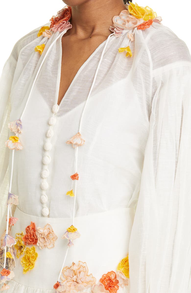 Zimmermann Postcard 3D Floral Appliqué Silk & Linen Organza Blouse, Alternate, color, 