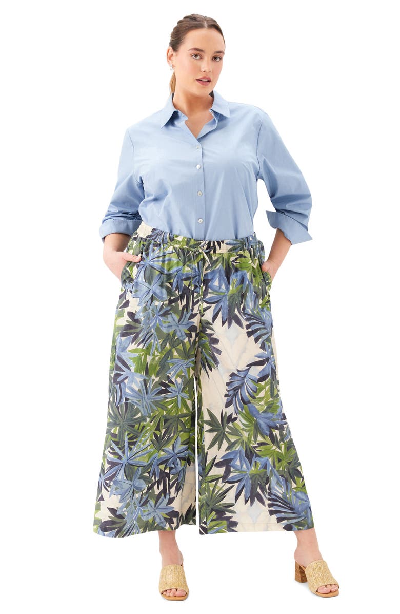 Karen Kane Frond Print Cotton Drawstring Wide Leg Pants, Alternate, color, Print