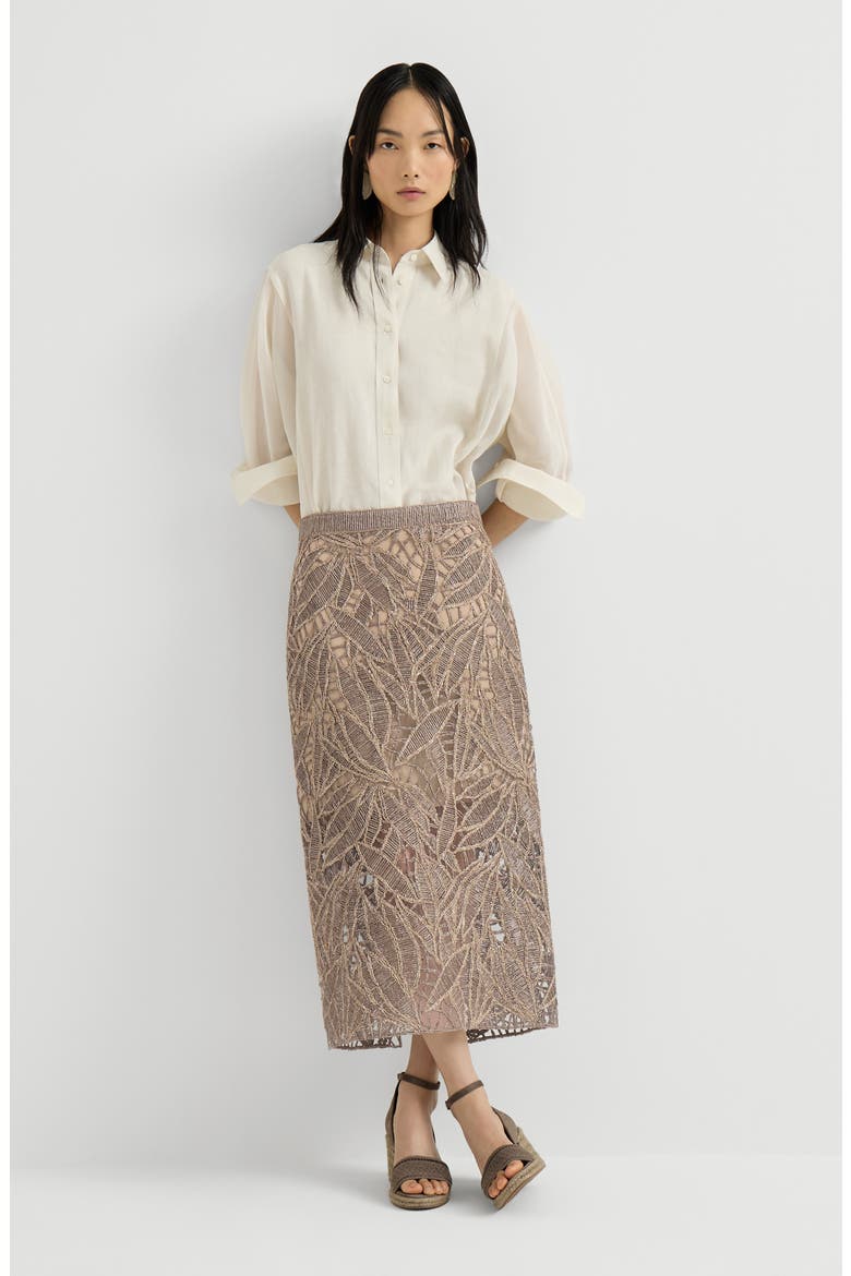 Linen and cotton dazzling cacao leaves embroidery skirt, Alternate, color, Rope