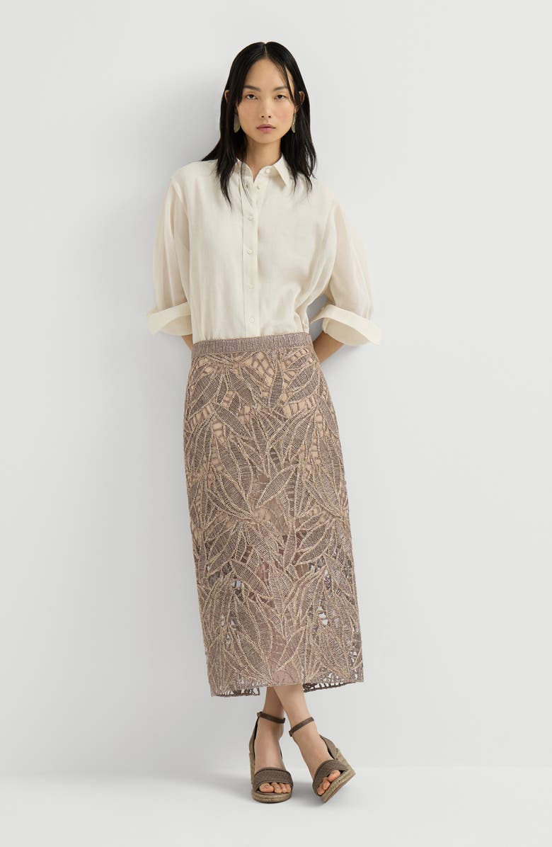 Brunello Cucinelli Linen and cotton dazzling cacao leaves embroidery skirt, Alternate, color, Rope
