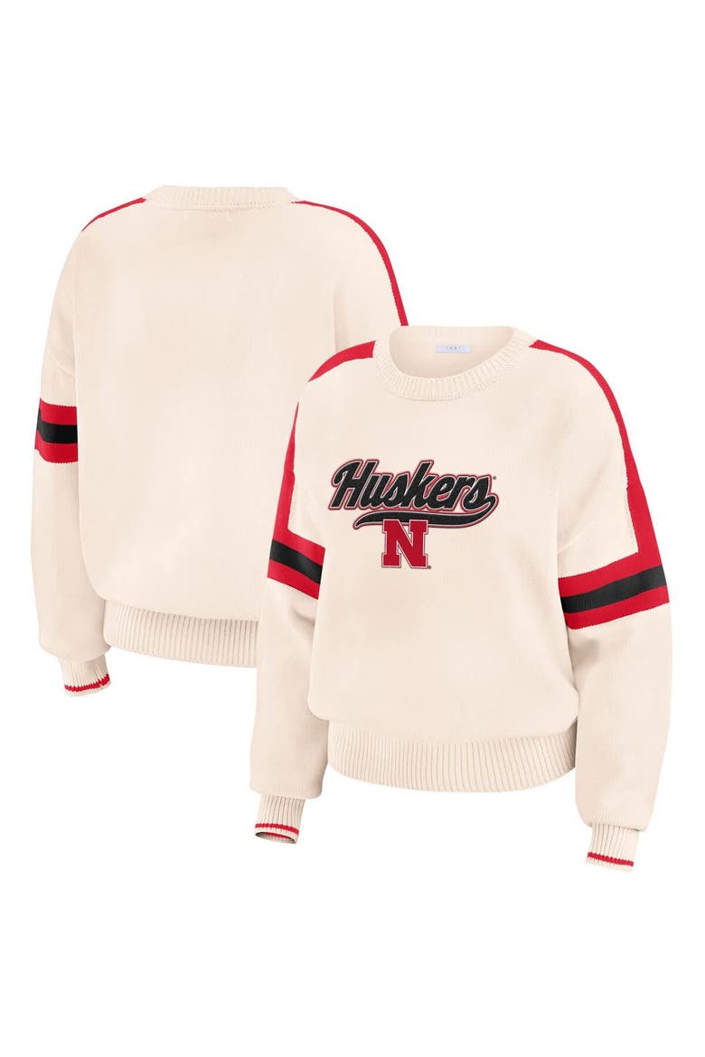Women's WEAR by Erin Andrews  Cream Nebraska Huskers Chenille Woven Patch Stripe Pullover Sweater, Main, color, Cream