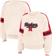WEAR by Erin Andrews Women's WEAR by Erin Andrews  Cream Nebraska Huskers Chenille Woven Patch Stripe Pullover Sweater