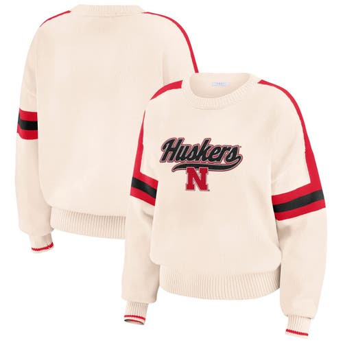 Wear By Erin Andrews Women's Cream Nebraska Huskers Chenille Woven Patch Stripe Pullover Sweatshirt In Cream