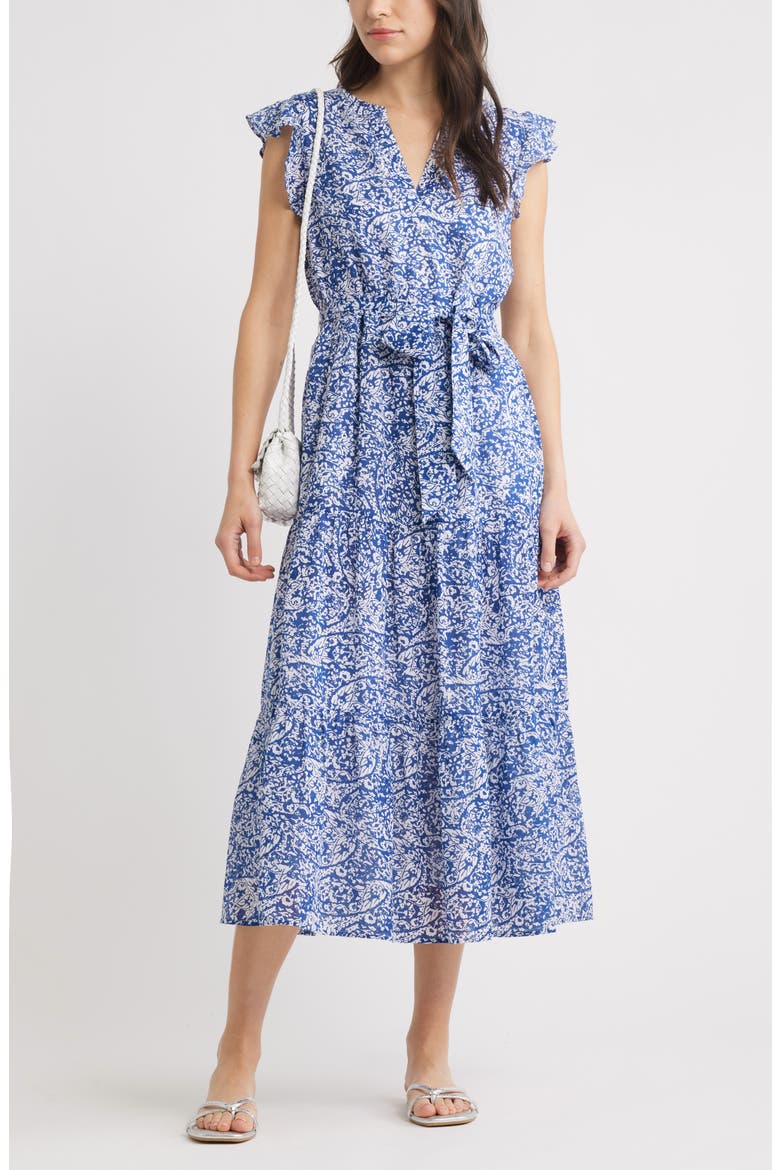 Print Ruffle Sleeve Tie Waist Midi Dress, Alternate, color, BLUE- WHITE RIVER PAISLEY