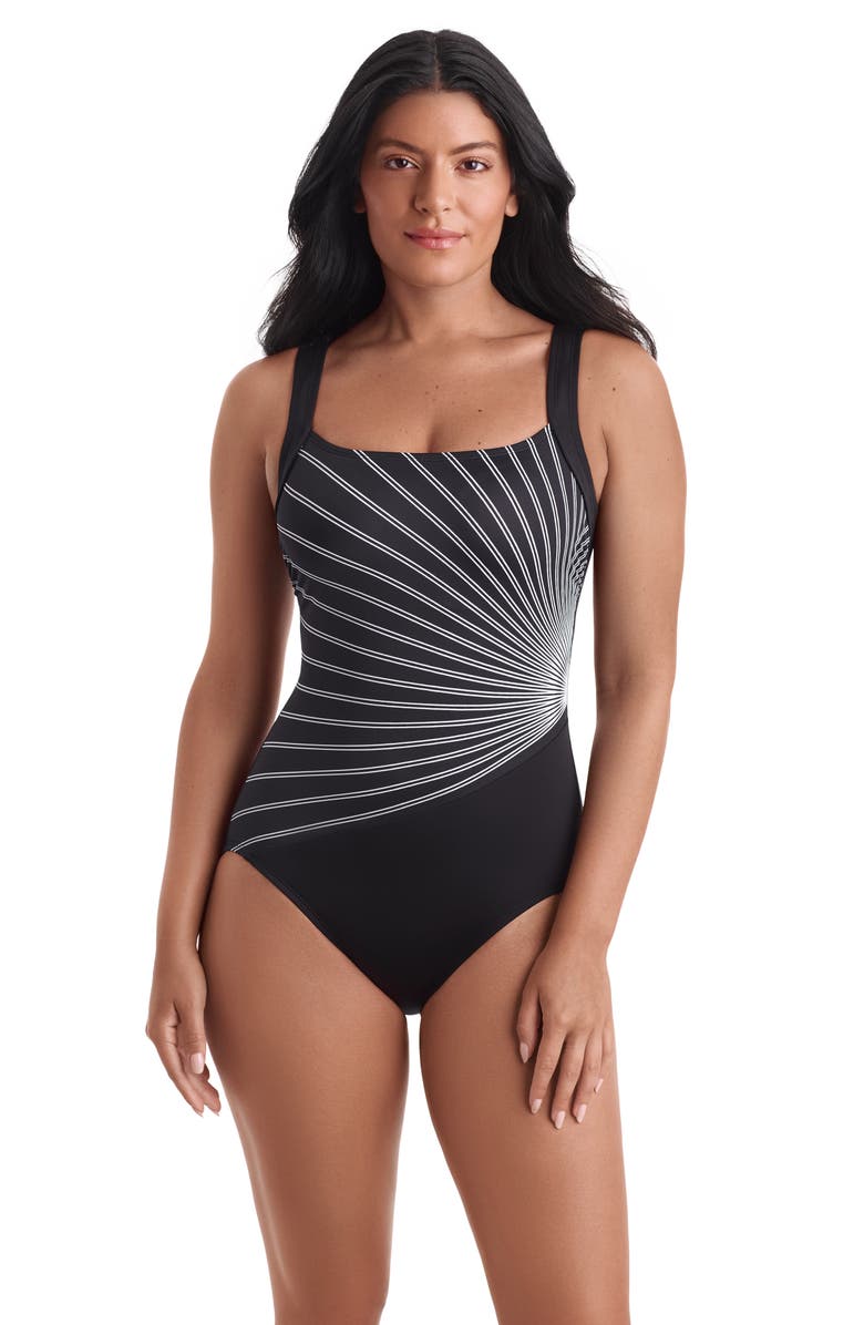 ShapeSolver Sport Squareneck Illusion Tank Chlorine Resistant One-Piece Swimsuit, Main, color, Optic Rays