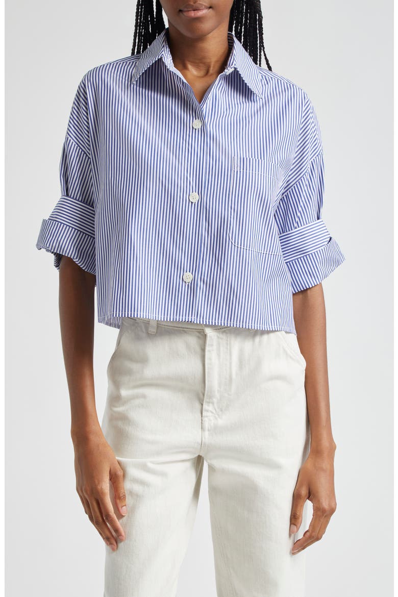 Next Ex Stripe Cotton Button-Up Crop Shirt, Main, color, WHITE / INDIGO