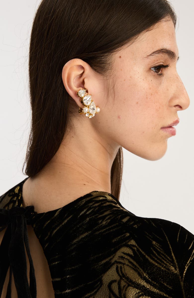 Oscar de la Renta Crystal & Faux Pearl Clip-On Ear Crawler Earrings, Alternate, color, Pearl