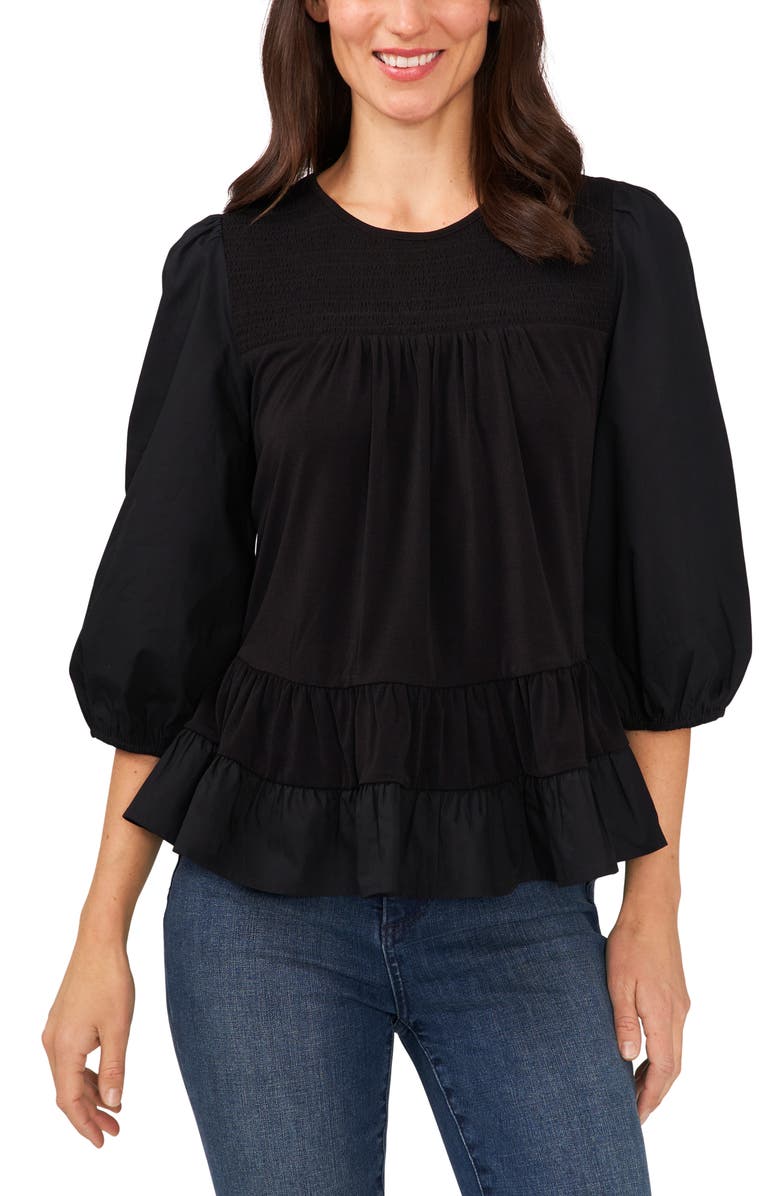CeCe Mixed Media Ruffle Long Sleeve Top, Main, color, 