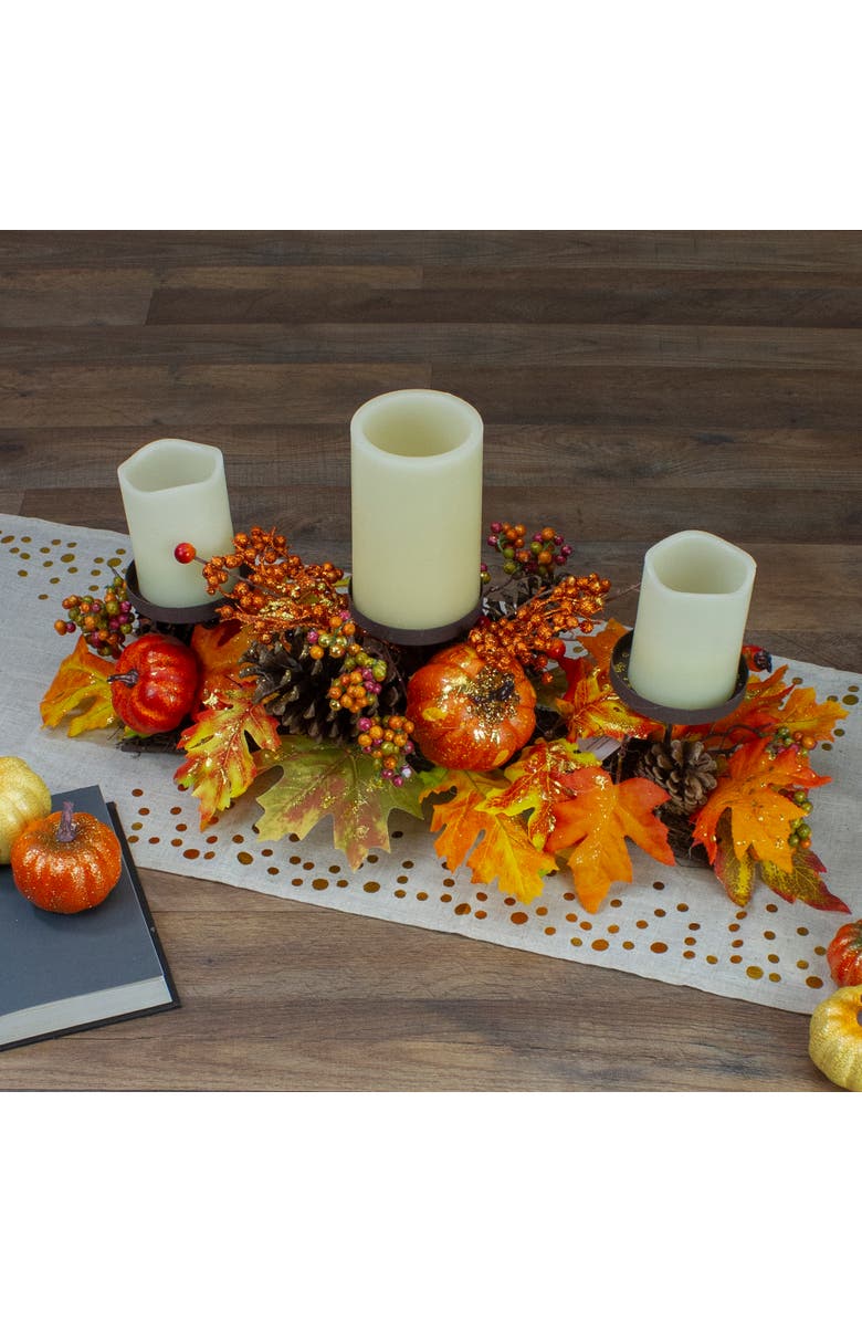 Northlight 21" Orange Fall Harvest Leaves and Pumpkins Candle Holder, Alternate, color, Orange