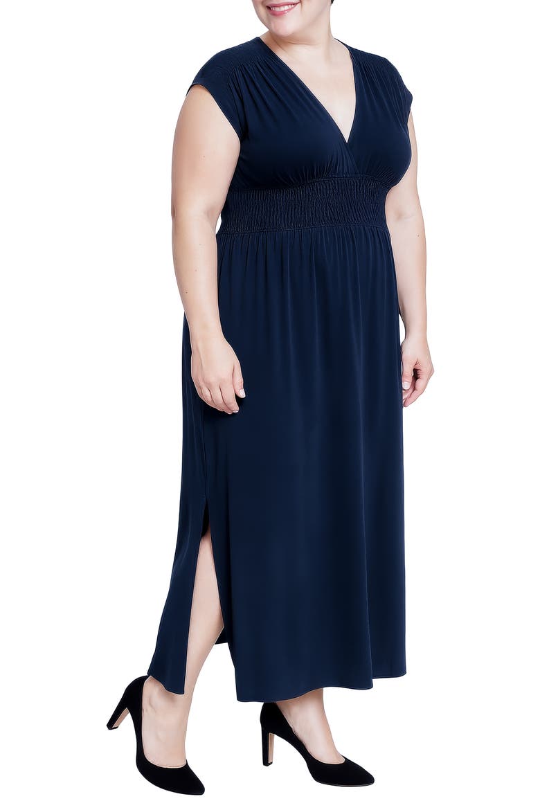 V-Neck Smocked Waist Midi Dress, Alternate, color, NAVY