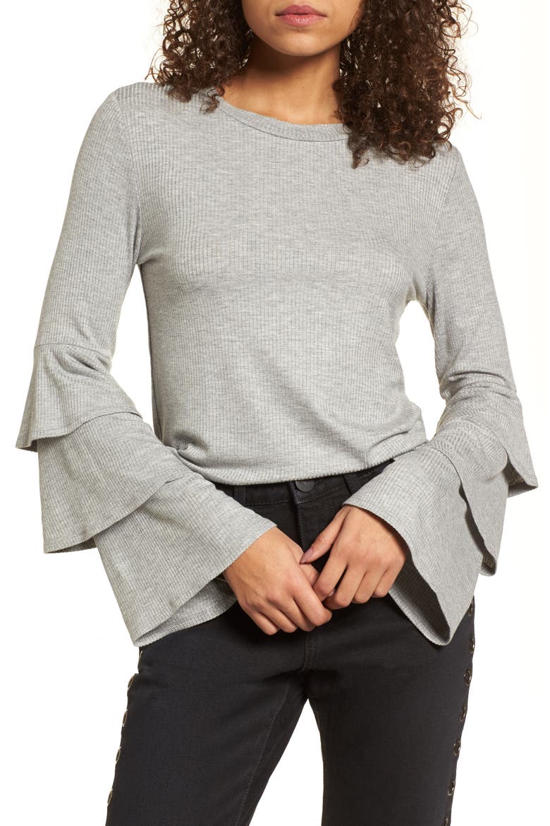 Ruffle Sleeve Ribbed Sweater, Main, color, GREY MEDIUM HEATHER
