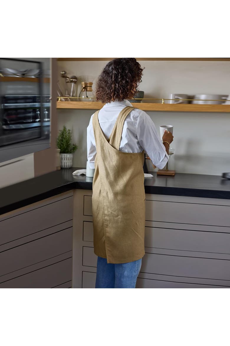 Linen Cross-Back Pinafore Apron with Pockets, 35 x 45 Inches, Alternate, color, Kelp