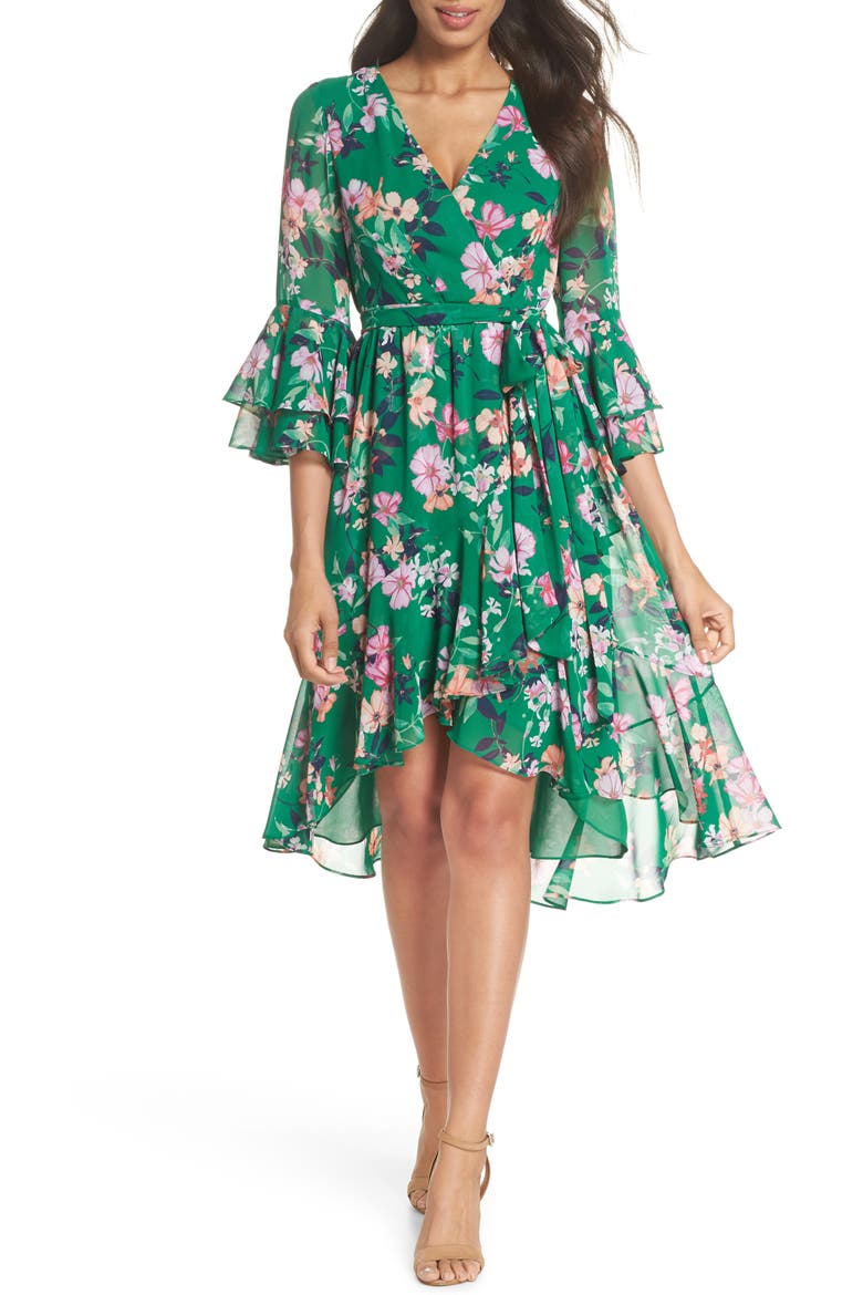 Ruffle Sleeve Floral Faux Wrap Dress, Main, color, GREEN