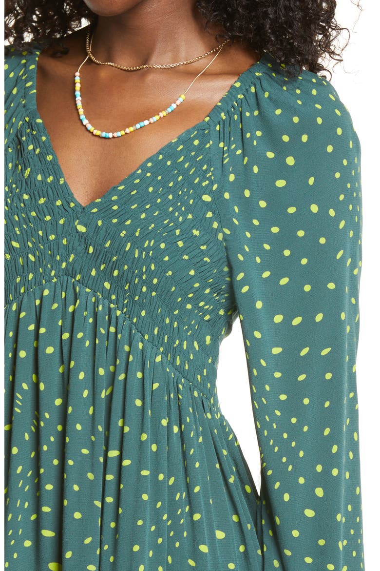 V-Neck Long Sleeve Babydoll Minidress, Alternate, color, GREEN MOSS WARPY DOT