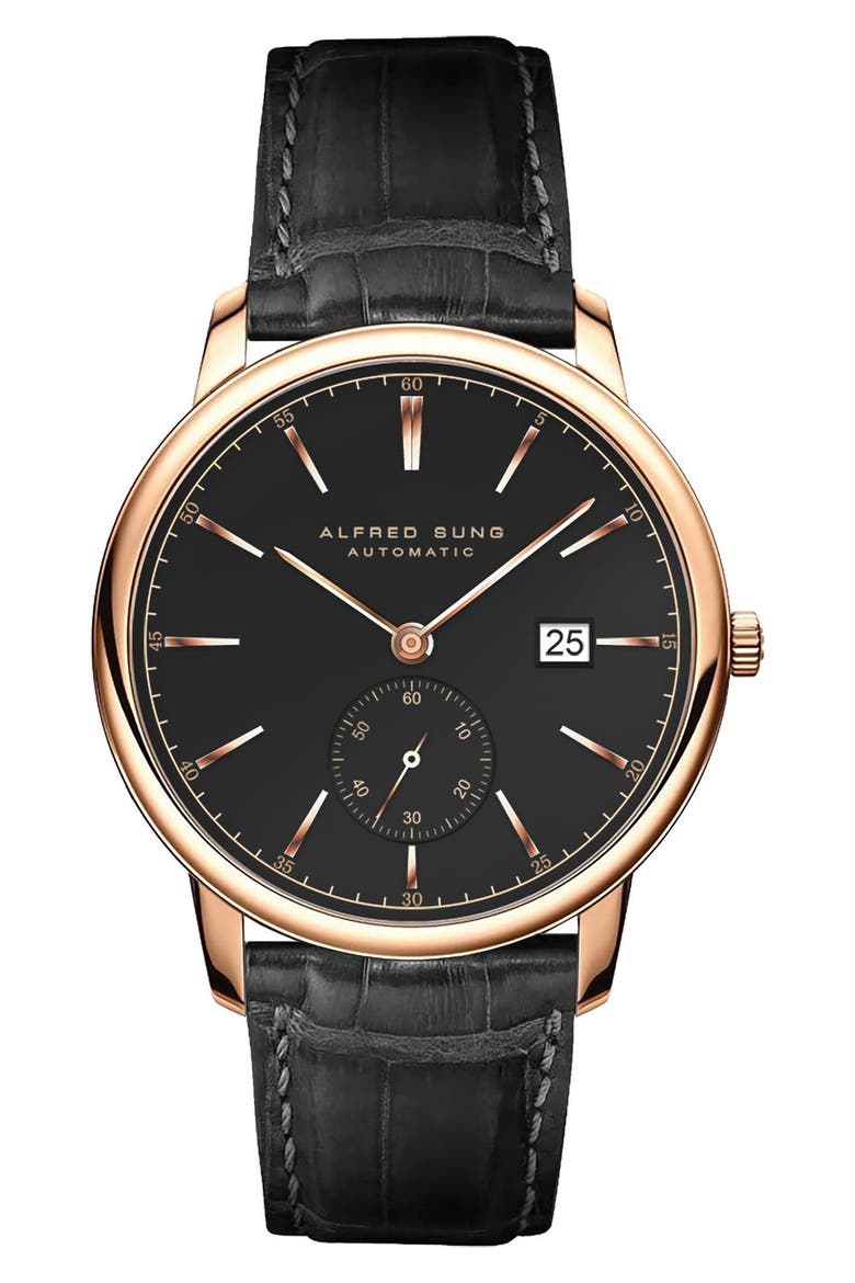Automatic IV Leather Strap Watch, 43mm, Main, color, BLACK STRAP/BLACK DIAL