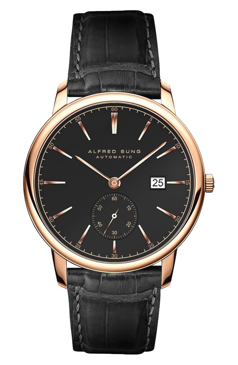 Alfred Sung Automatic IV Leather Strap Watch, 43mm, Main, color, Black Strap/Black Dial