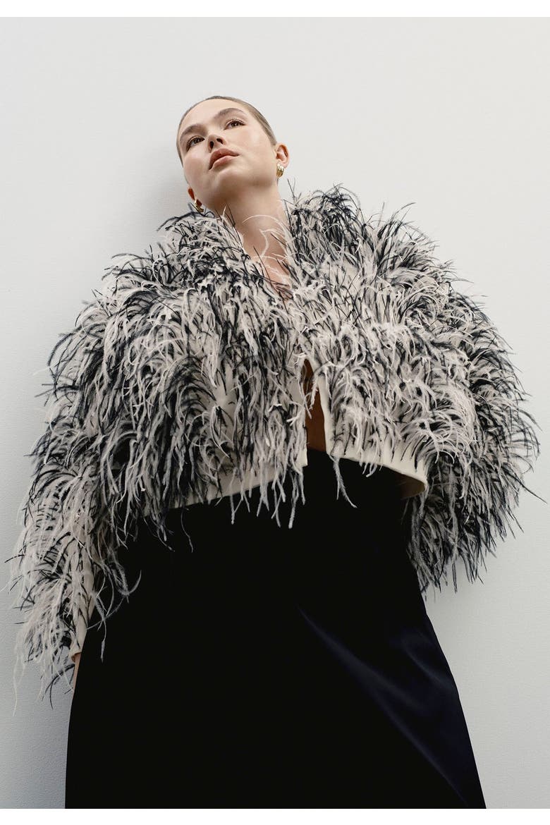 Ostrich Feather Cropped Jacket, Alternate, color, CREAM AND BLACK