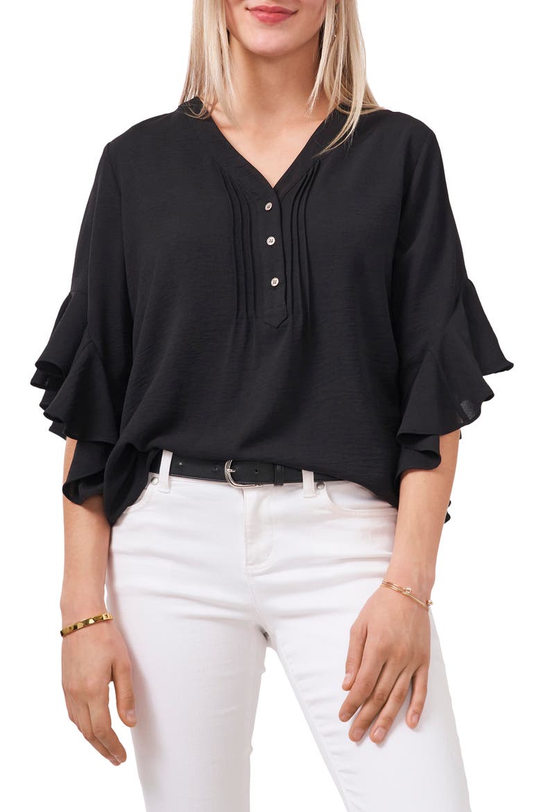 Flutter Sleeve Henley Blouse, Main, color, RICH BLACK