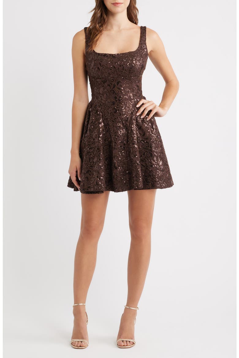 Embroidered Lace & Mesh Minidress, Main, color, CHOCOLATE BROWN